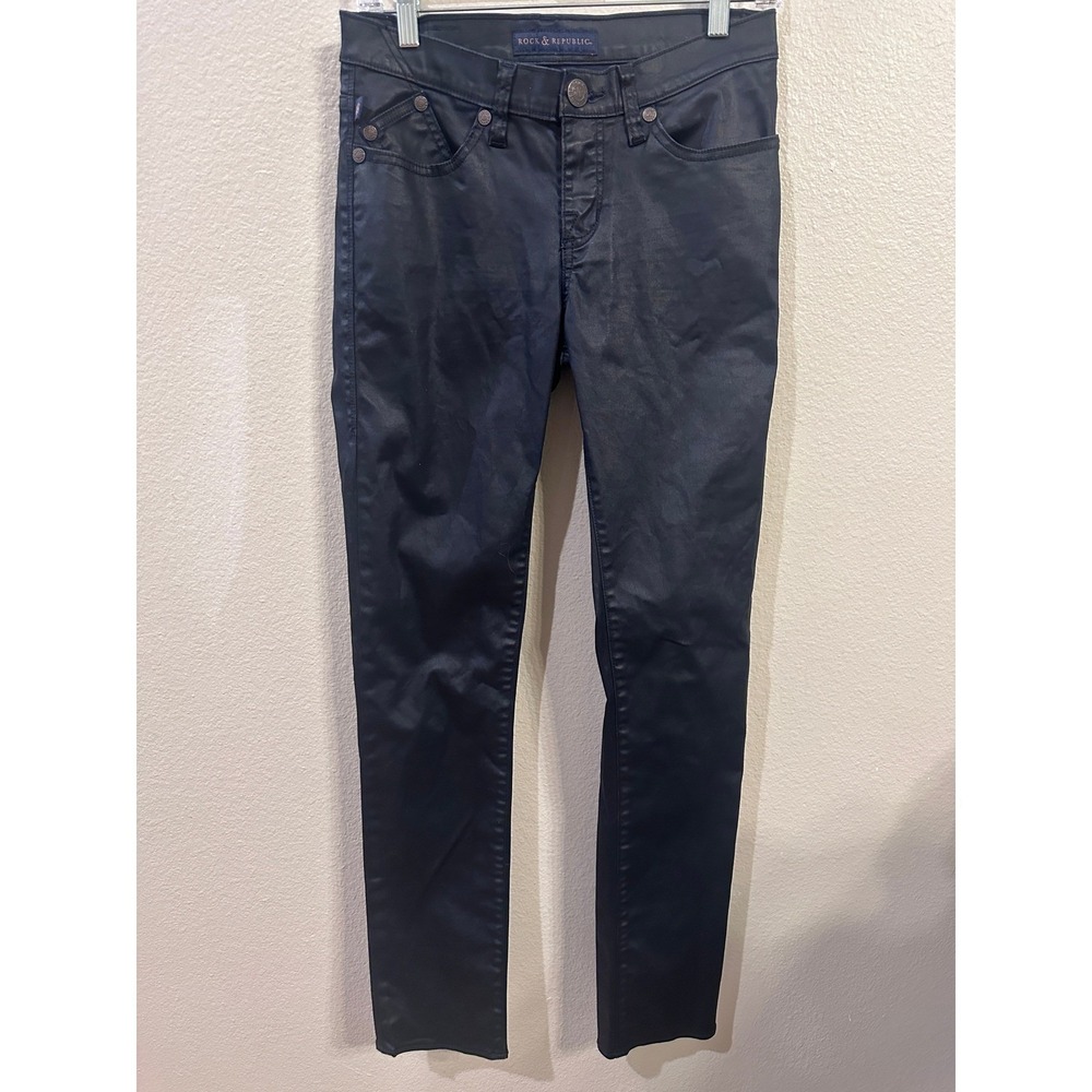 Rock & Republic‎ Berlin Black Coated Skinny Jeans Womens 8M R010131 Waxed Denim